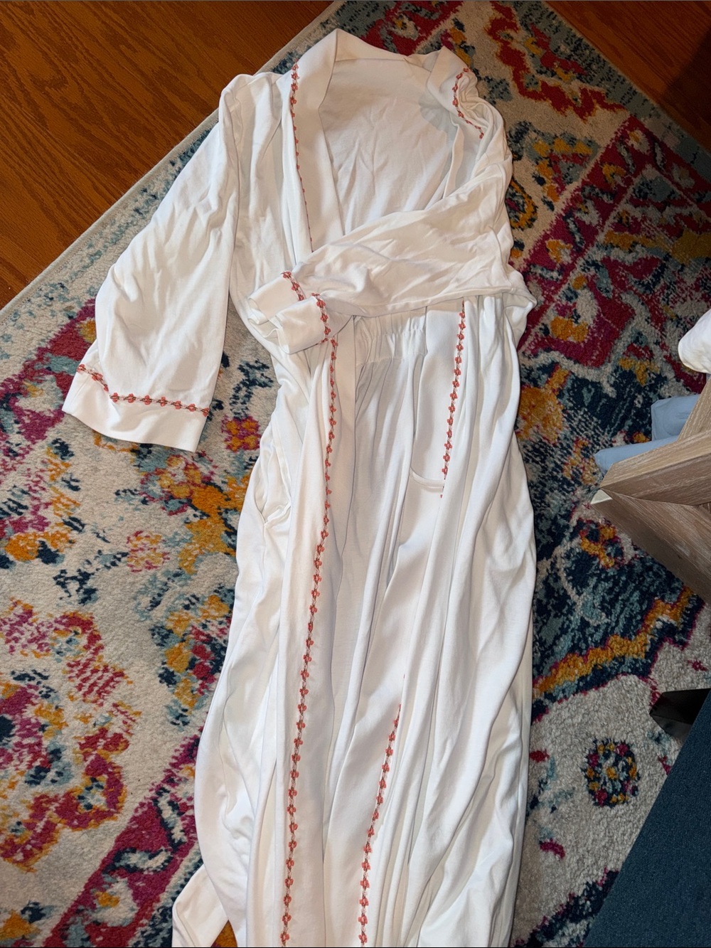 Eileen Fisher White Long Robe with Red Embroidery